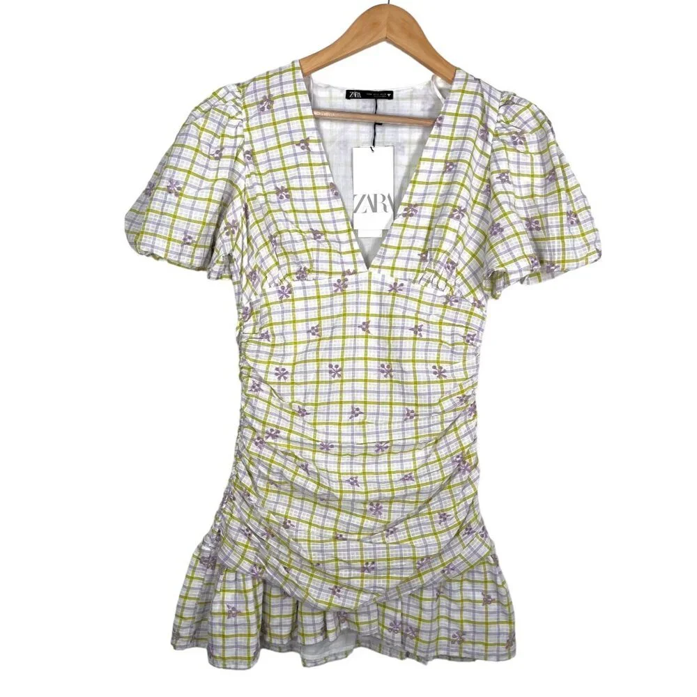 Zara Women’s Checkered Draped Mini Dress Balloon‎ Sleeve Floral sz M